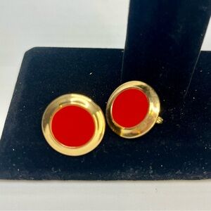 Signed Monet Earrings | Red & Gold Clip-On Studs | 80s Classic Button Style